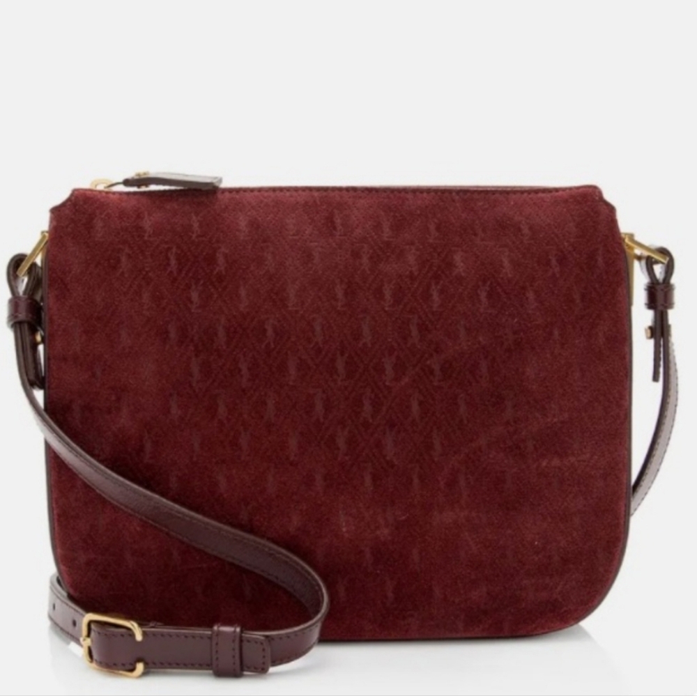 Saint Laurent Suede All-Over Monogram Burgundy Crossbody Bag